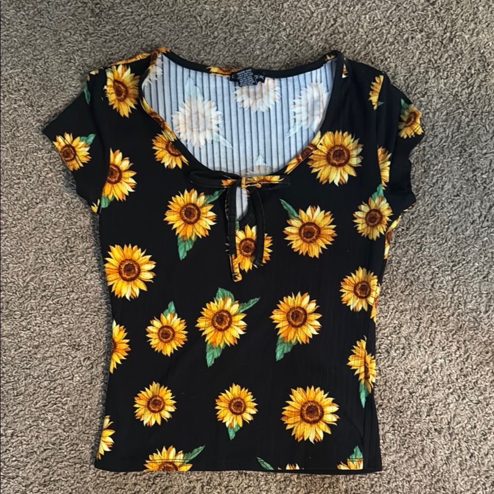 Sunflower Print Black Top
